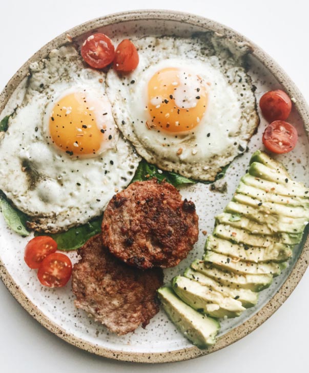 Eggs, Sausage and Avocado with G.A.P.-Certified Meat