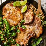 Garlic Lime Pork Chops with Farro and Spinach